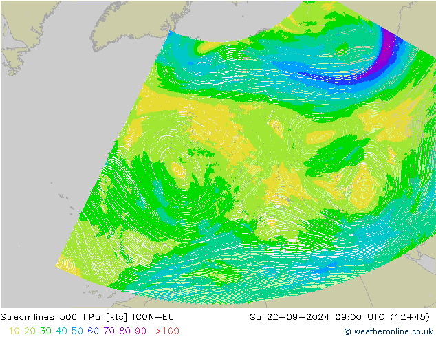 Streamlines 500 hPa ICON-EU Ne 22.09.2024 09 UTC