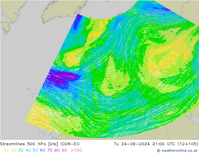 Streamlines 500 hPa ICON-EU Tu 24.09.2024 21 UTC