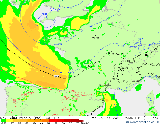 Max. wind velocity ICON-EU Po 23.09.2024 06 UTC