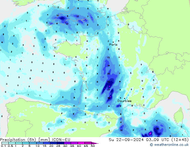 Precipitation (6h) ICON-EU Ne 22.09.2024 09 UTC