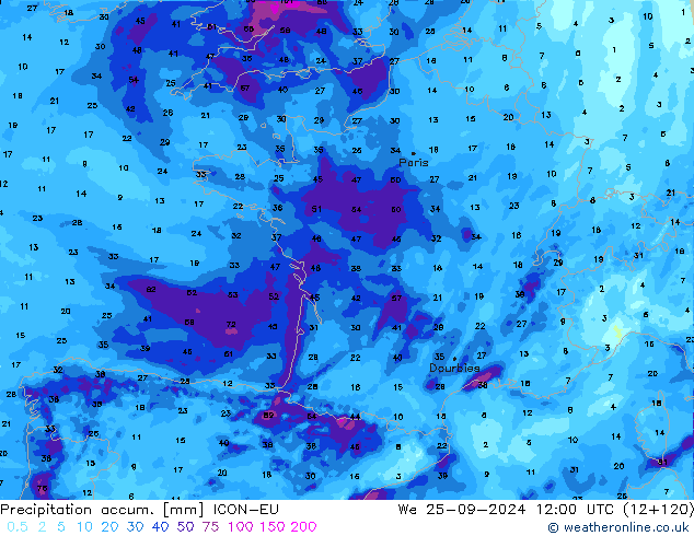 Precipitation accum. ICON-EU We 25.09.2024 12 UTC