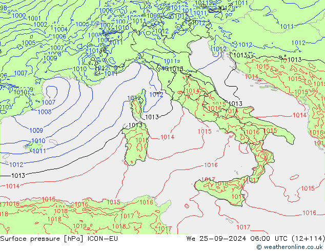 pressão do solo ICON-EU Qua 25.09.2024 06 UTC