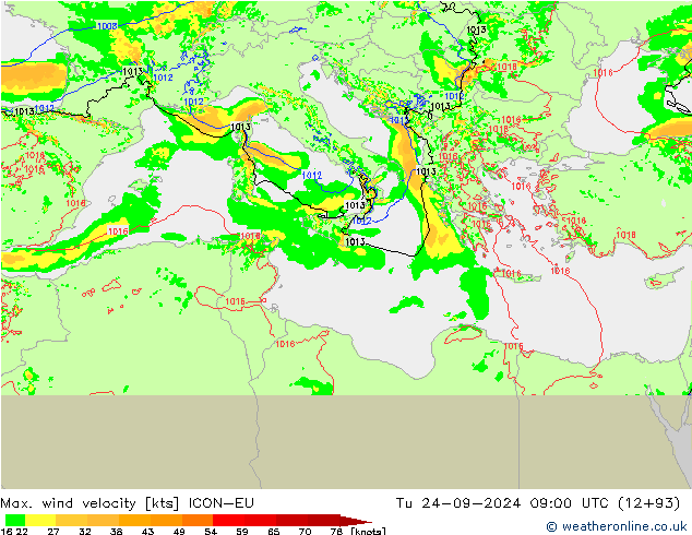 Max. wind snelheid ICON-EU di 24.09.2024 09 UTC