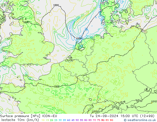 Isotachen (km/h) ICON-EU Di 24.09.2024 15 UTC