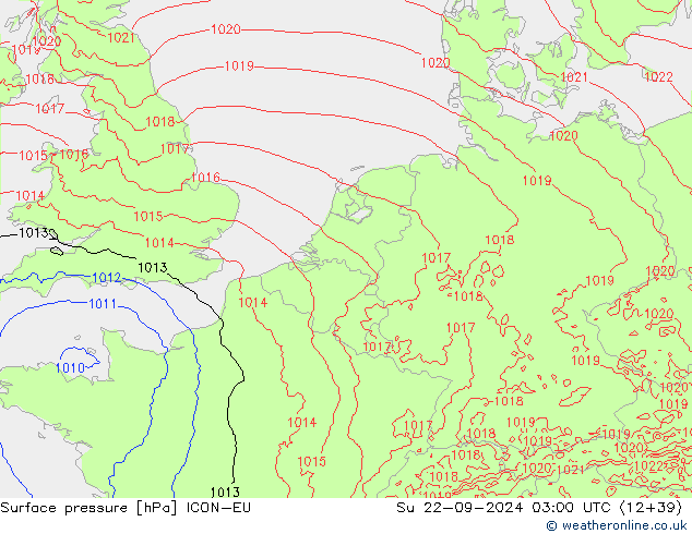 Atmosférický tlak ICON-EU Ne 22.09.2024 03 UTC