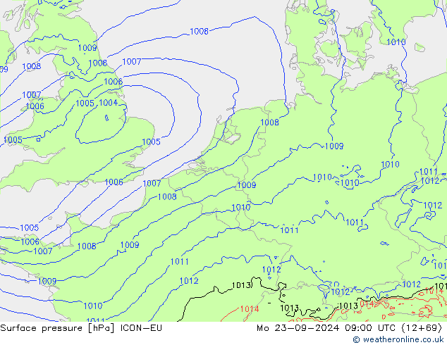 Surface pressure ICON-EU Mo 23.09.2024 09 UTC