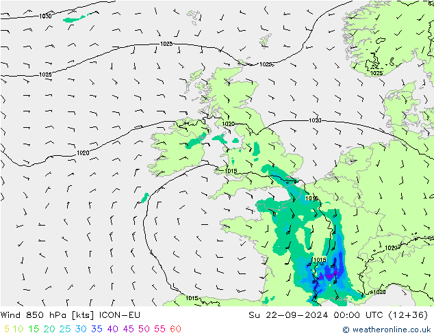 Viento 850 hPa ICON-EU dom 22.09.2024 00 UTC