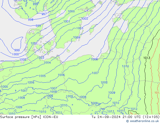 Surface pressure ICON-EU Tu 24.09.2024 21 UTC