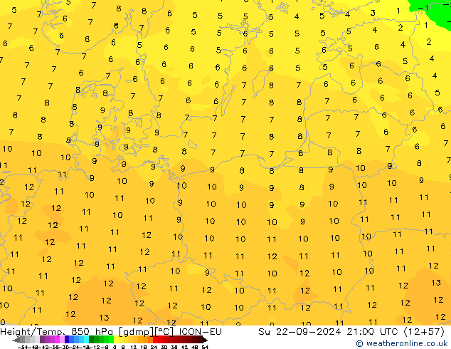 Height/Temp. 850 hPa ICON-EU Ne 22.09.2024 21 UTC