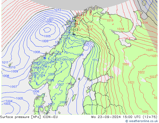 Surface pressure ICON-EU Mo 23.09.2024 15 UTC