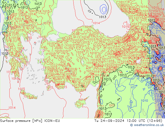 Surface pressure ICON-EU Tu 24.09.2024 12 UTC