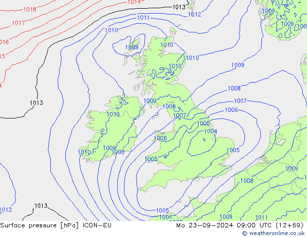 Surface pressure ICON-EU Mo 23.09.2024 09 UTC