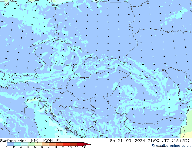 Viento 10 m (bft) ICON-EU sáb 21.09.2024 21 UTC