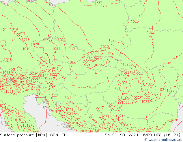 Surface pressure ICON-EU Sa 21.09.2024 15 UTC