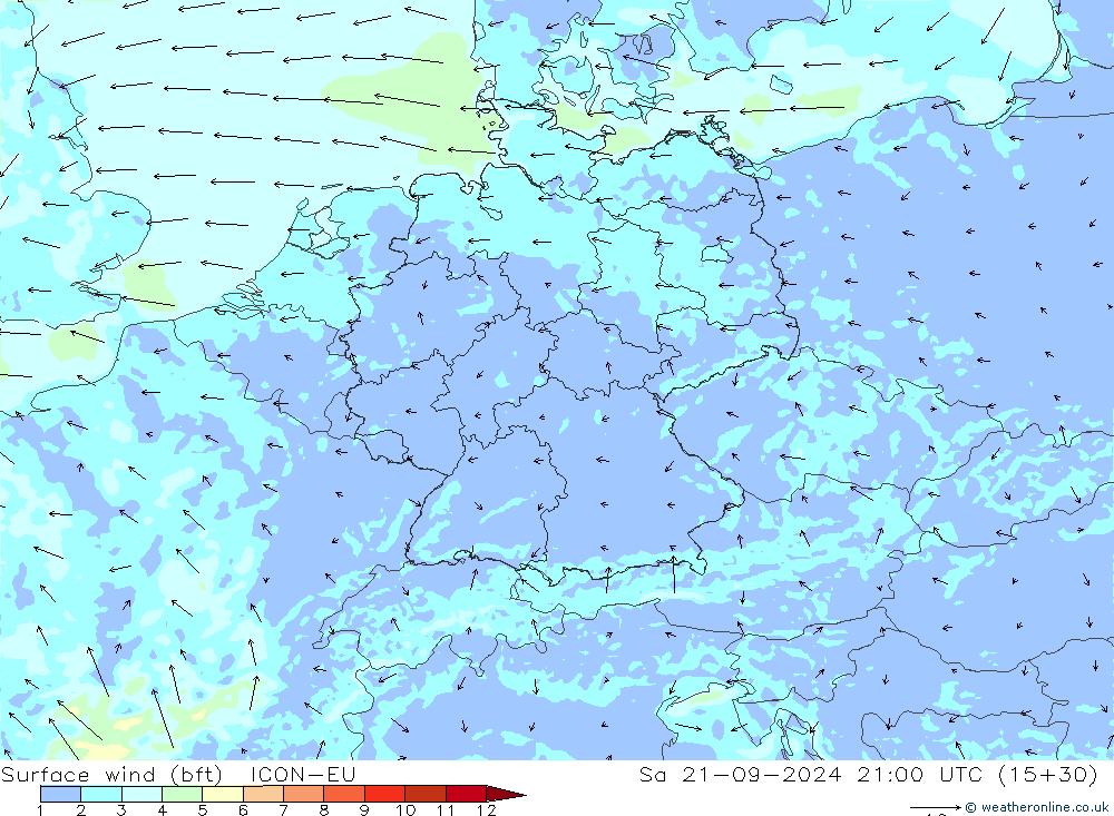 Vento 10 m (bft) ICON-EU Sáb 21.09.2024 21 UTC