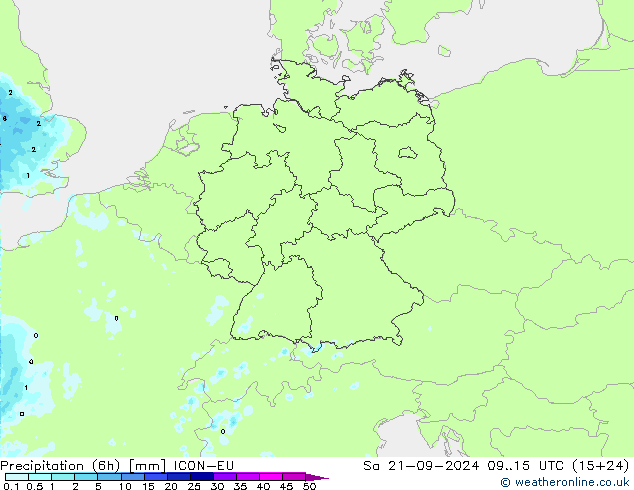 Precipitação (6h) ICON-EU Sáb 21.09.2024 15 UTC