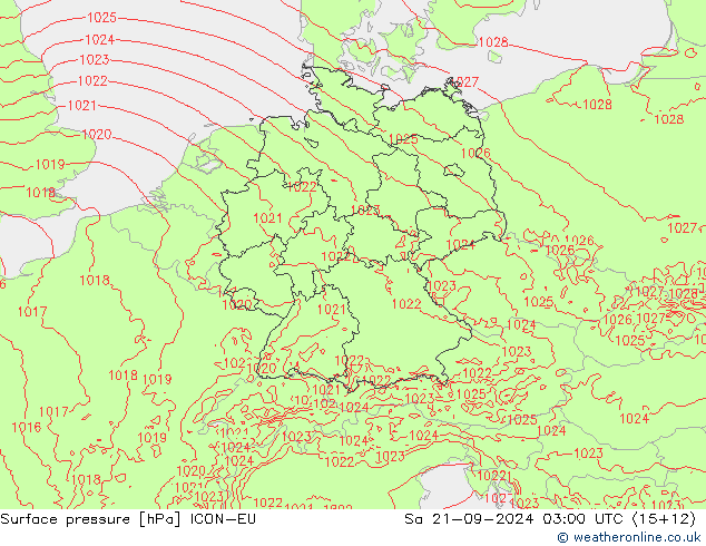 Surface pressure ICON-EU Sa 21.09.2024 03 UTC