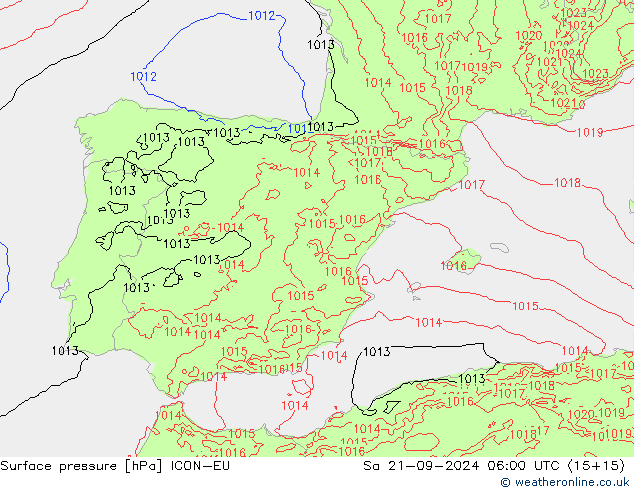 Surface pressure ICON-EU Sa 21.09.2024 06 UTC