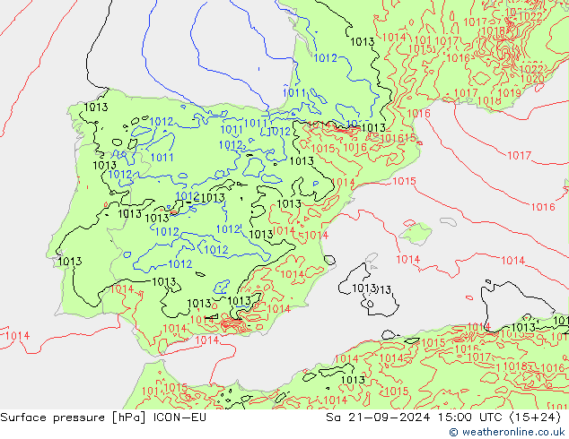 Surface pressure ICON-EU Sa 21.09.2024 15 UTC