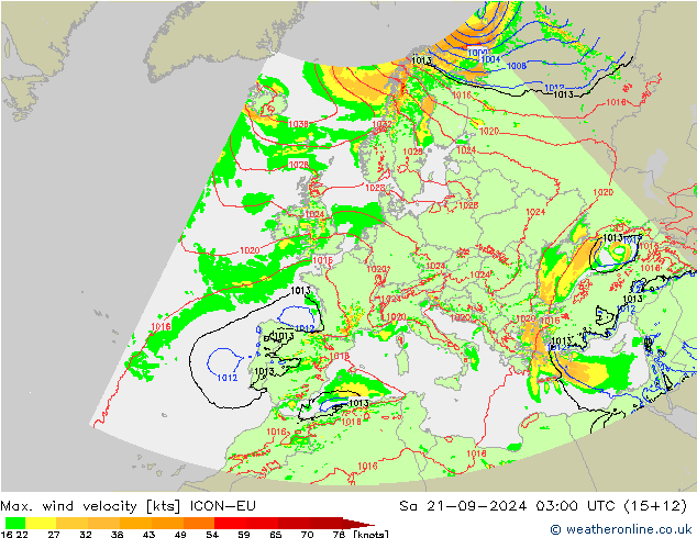 Max. wind velocity ICON-EU Sa 21.09.2024 03 UTC