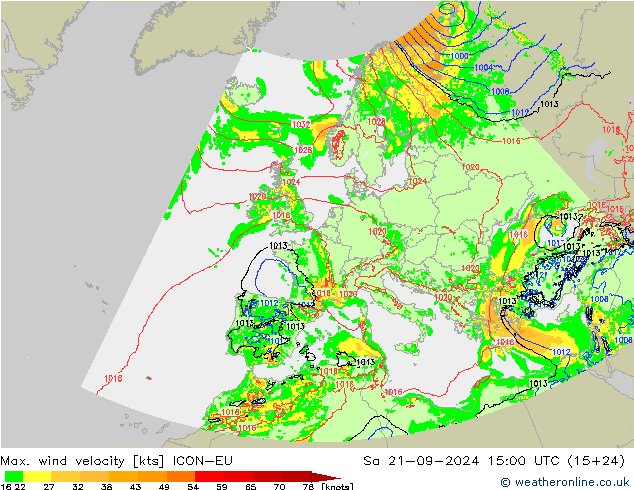 Max. wind velocity ICON-EU сб 21.09.2024 15 UTC