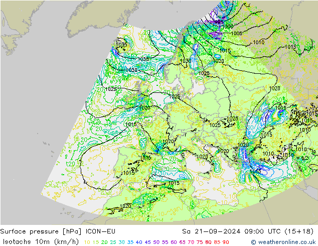 Isotachs (kph) ICON-EU  21.09.2024 09 UTC