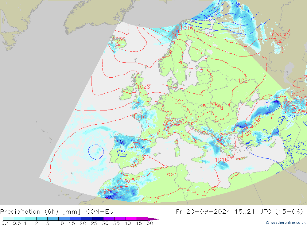 降水量 (6h) ICON-EU 星期五 20.09.2024 21 UTC