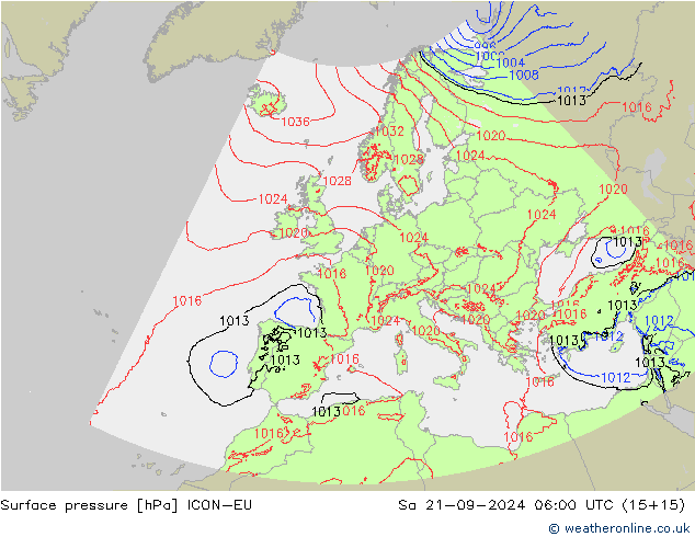 Surface pressure ICON-EU Sa 21.09.2024 06 UTC