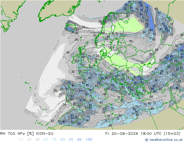 RH 700 hPa ICON-EU 星期五 20.09.2024 18 UTC