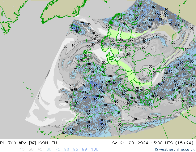 RH 700 hPa ICON-EU Sa 21.09.2024 15 UTC