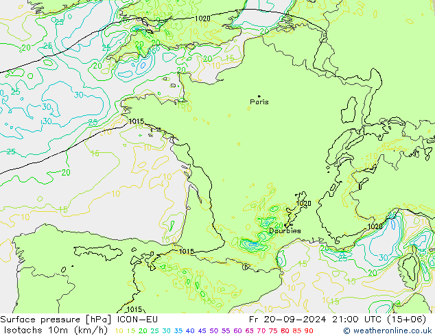 Izotacha (km/godz) ICON-EU pt. 20.09.2024 21 UTC