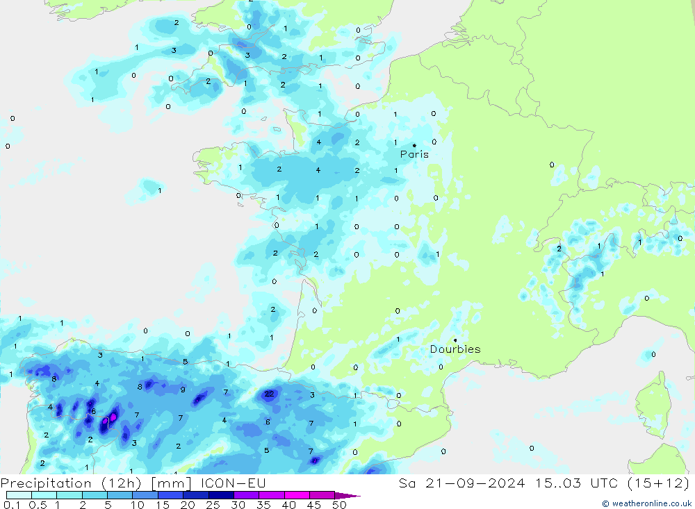 Precipitation (12h) ICON-EU Sa 21.09.2024 03 UTC