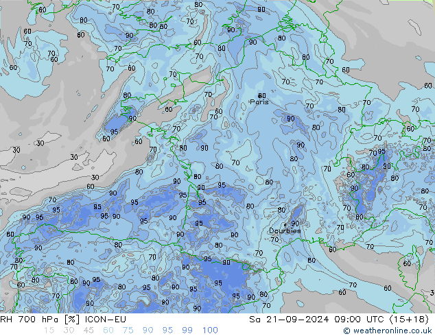 Humedad rel. 700hPa ICON-EU sáb 21.09.2024 09 UTC