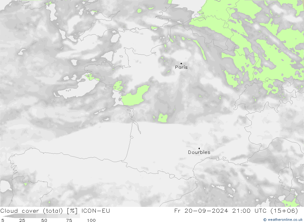 Cloud cover (total) ICON-EU Fr 20.09.2024 21 UTC