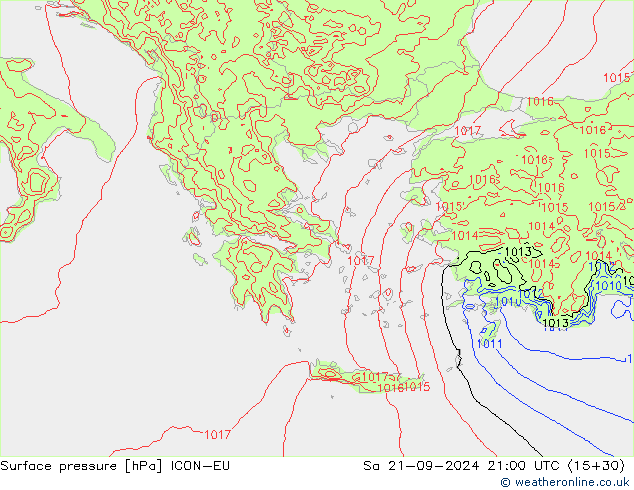 pressão do solo ICON-EU Sáb 21.09.2024 21 UTC