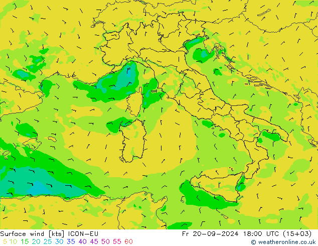 wiatr 10 m ICON-EU pt. 20.09.2024 18 UTC