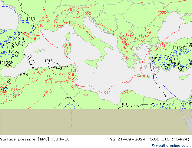 Pressione al suolo ICON-EU sab 21.09.2024 15 UTC