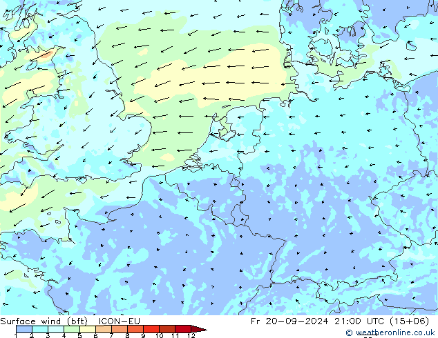 Bodenwind (bft) ICON-EU Fr 20.09.2024 21 UTC