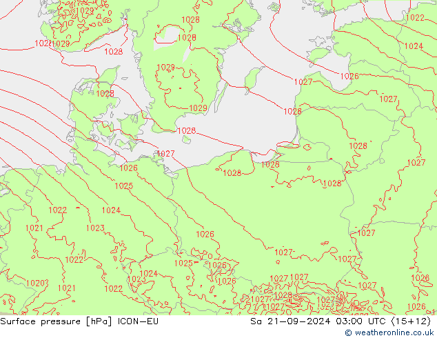 Surface pressure ICON-EU Sa 21.09.2024 03 UTC