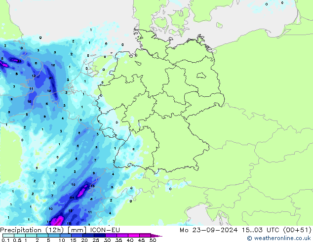 降水量 (12h) ICON-EU 星期一 23.09.2024 03 UTC