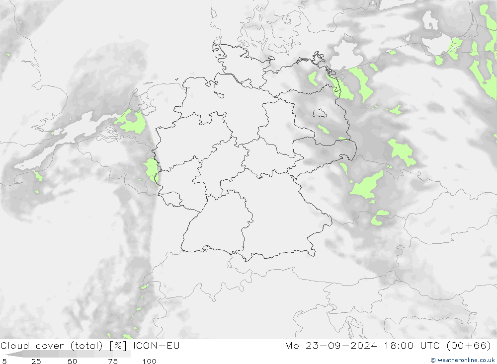 Cloud cover (total) ICON-EU Mo 23.09.2024 18 UTC