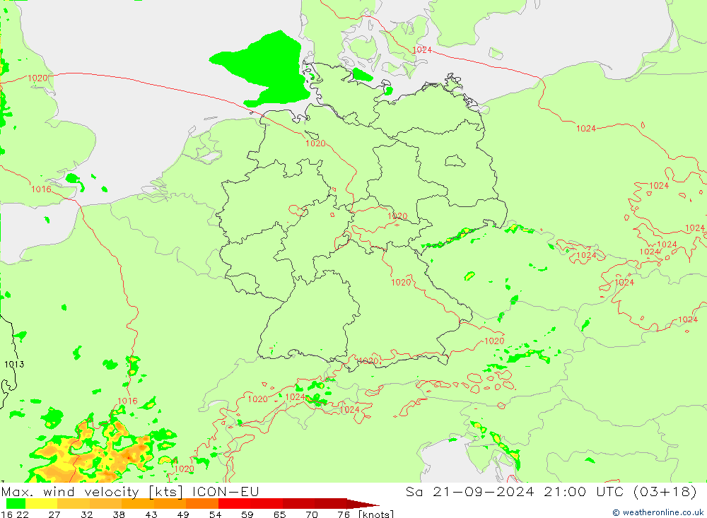 Max. wind velocity ICON-EU Sa 21.09.2024 21 UTC