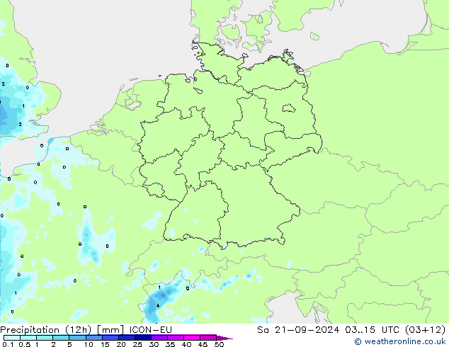 降水量 (12h) ICON-EU 星期六 21.09.2024 15 UTC