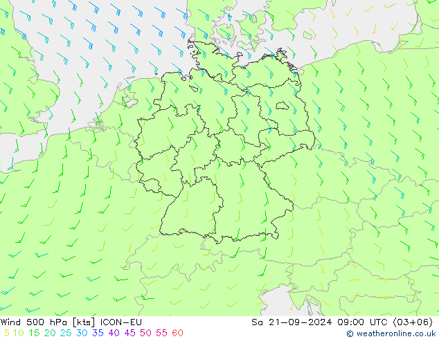 风 500 hPa ICON-EU 星期六 21.09.2024 09 UTC