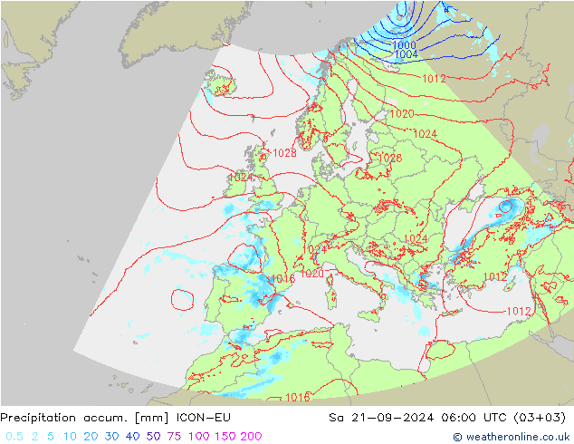 Precipitation accum. ICON-EU 星期六 21.09.2024 06 UTC