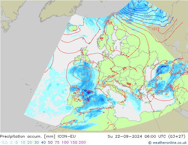 Precipitation accum. ICON-EU 星期日 22.09.2024 06 UTC