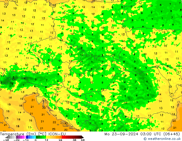 Temperaturkarte (2m) ICON-EU Mo 23.09.2024 03 UTC