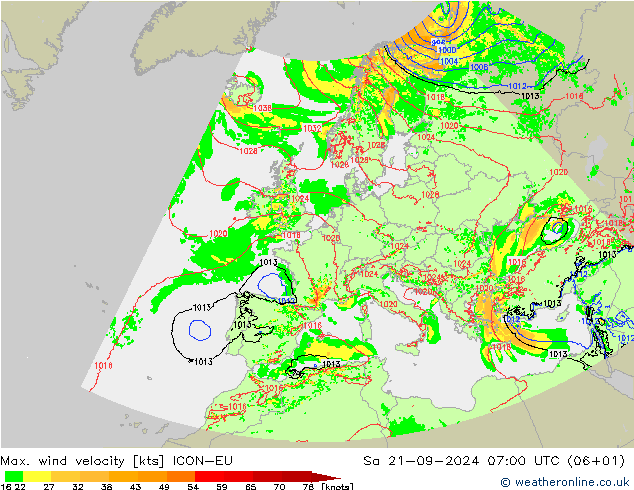 Max. wind velocity ICON-EU 星期六 21.09.2024 07 UTC