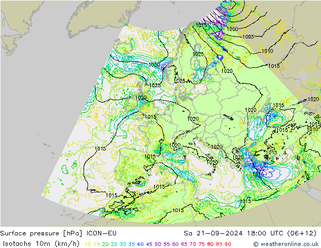 10米等风速线 (kph) ICON-EU 星期六 21.09.2024 18 UTC