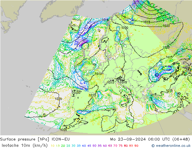 10米等风速线 (kph) ICON-EU 星期一 23.09.2024 06 UTC